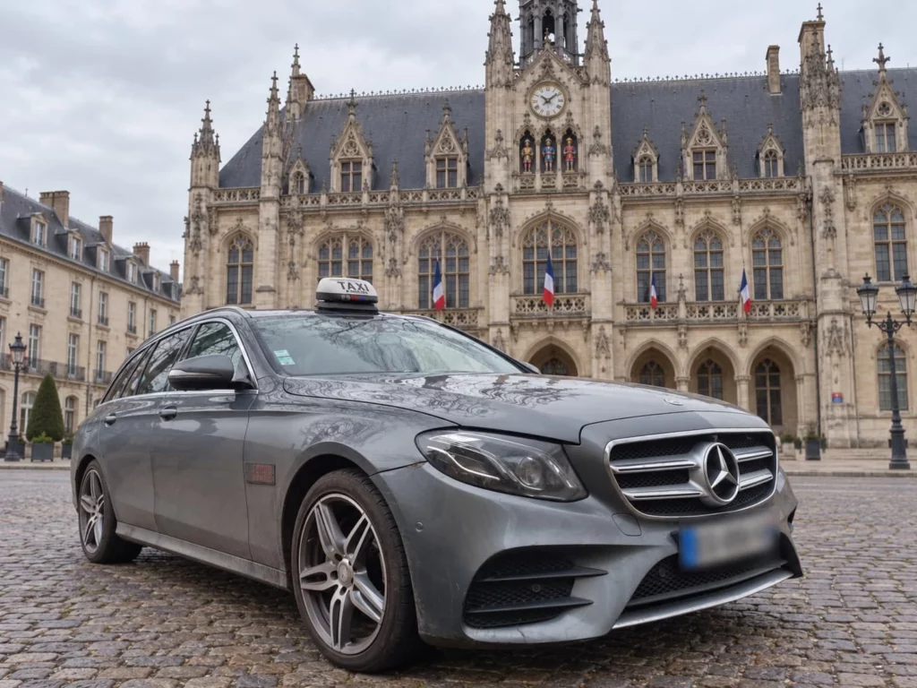 Taxi Mercedes gris stationné sur une place pavée devant un bâtiment à façade gothique et horloge.