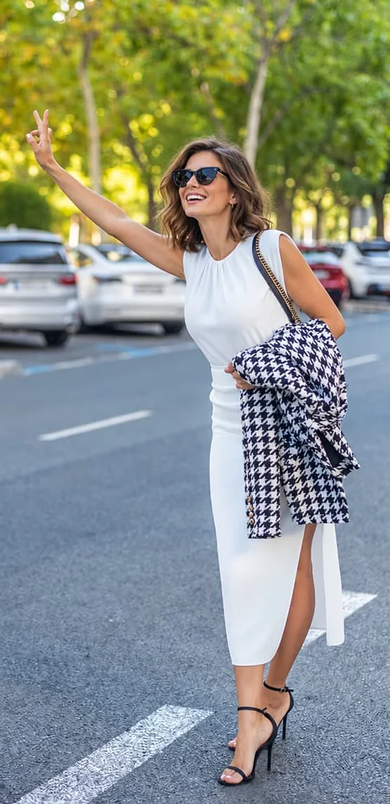 Une femme portant des lunettes de soleil lève le bras au bord d’une rue.
